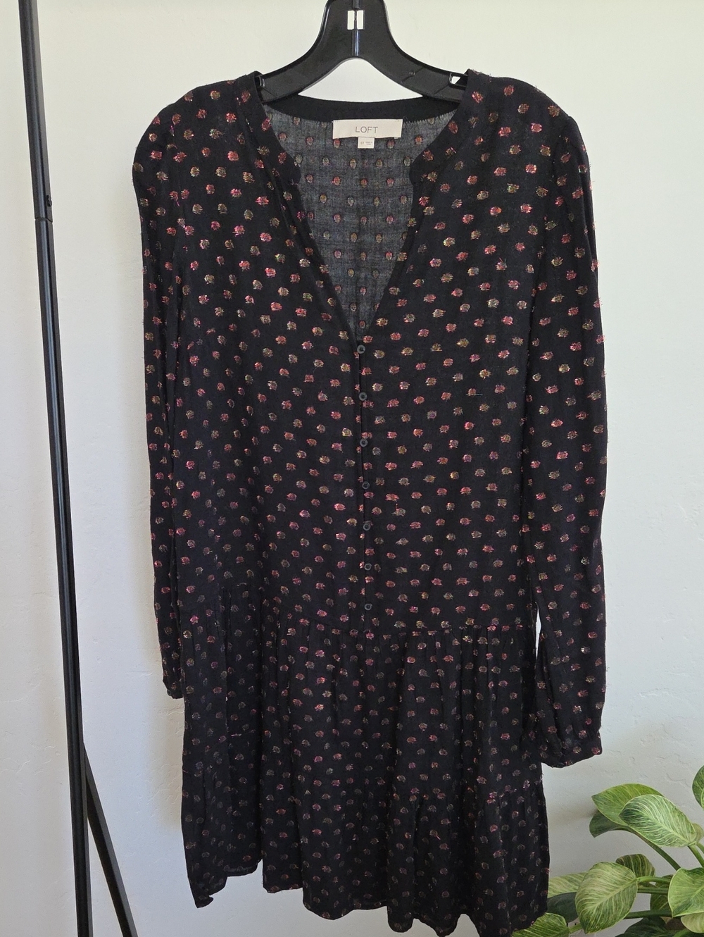 LOFT Black Long-Sleeve Drop-waist Dress with Dot Print